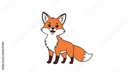 Cute orange fox character stands on a white background with a friendly smile and fluffy white fur on its chest and tail tip.