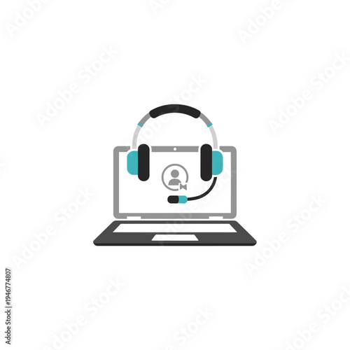 Laptop with Headset and User Profile Icon Representing Online Support or Customer Service, Isolated White Background