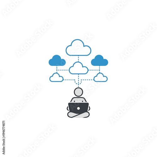 Person Sitting Cross-Legged with Laptop Connected to Cloud Computing Icons, Isolated White Background