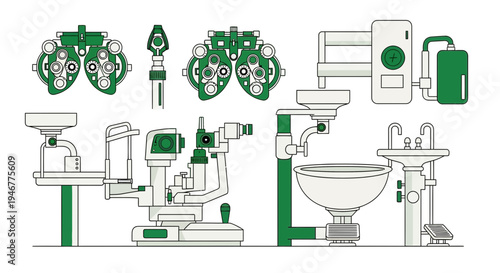 Medical Instruments Used For Eye Examination And Ophthalmology Treatment in Flat Design Style