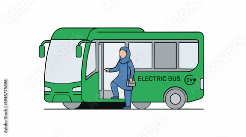 Green Bus With Woman Wearing Hijab Boarding At The Doorway Isolated On White Background Simple Flat Design