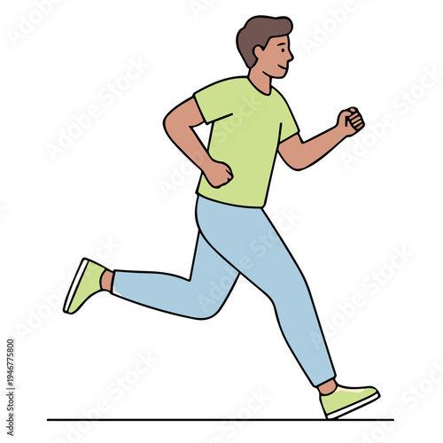 Man running quickly in green shirt and blue pants on road
