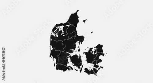 Black Silhouette Map of Denmark with Regions on White Background