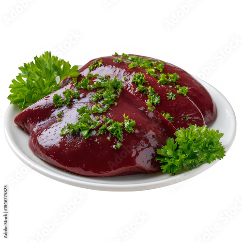Raw beef liver slices on a plate garnished with parsley Transparent background PNG