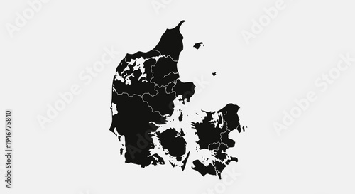 Black Silhouette Map of Denmark with Islands and Regions on White Background