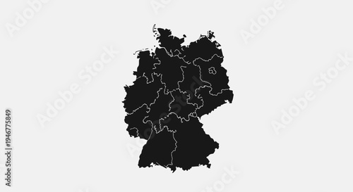 Black Silhouette Map of Germany with Internal Borders on Grey Background