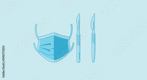 Medical Mask And Scalpels Composition, Vector Illustration For Healthcare And Surgery Themes