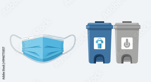 Medical Mask Beside Waste Bins Conceptualizing Hygiene Standards and Waste Disposal Practices