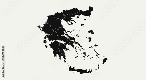 Black silhouette map of Greece with internal administrative divisions on a light beige background.