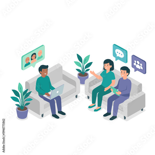 People communicate in a living room with laptops and plants