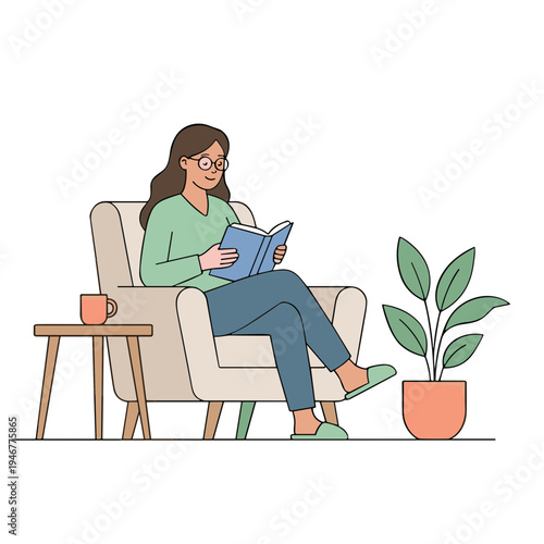 A woman sits in a chair reading a book next to a plant and table indoors.