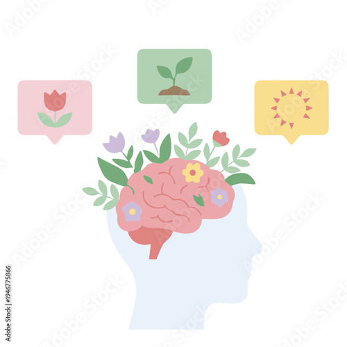 A person's head with flowers and plants growing out of it, symbolizing growth and positive emotions.
