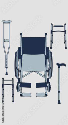 Medical Mobility Devices Displayed For Healthcare, Rehabilitation, and Assisted Living Illustrations