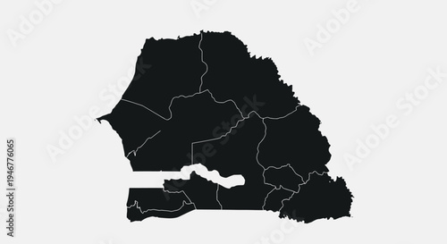 Black Silhouette Map of Senegal with Regions on White Background