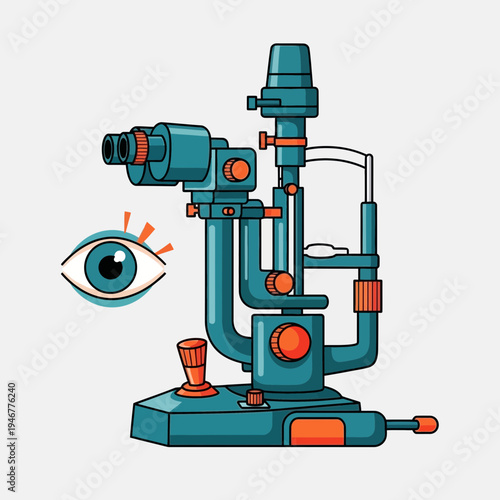 Medical Ophthalmic Examination Equipment And Animated Eye Illustration On White Background