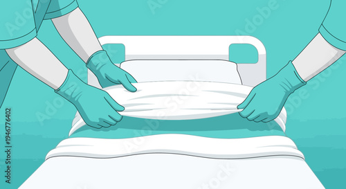 Medical Personnel Carefully Arranging Bedding For Optimal Patient Comfort And Cleanliness