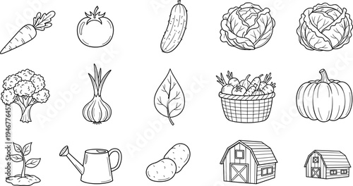 Collection of hand-drawn farm vegetables and barn icons for a rustic agricultural theme
