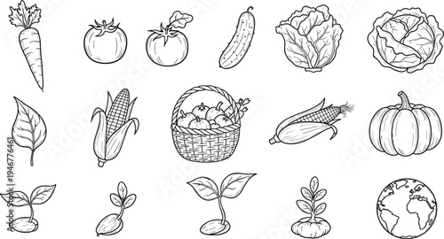 Collection of hand-drawn vegetables and seedlings, symbolizing growth and harvest