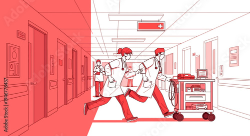 Medical Personnel Rushing Through Hospital Corridor Depicting Urgency and Care Giving Quickly