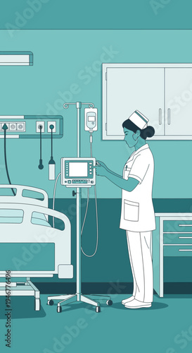 Medical Professional Adjusting Equipment in a Contemporary Hospital Room Scene Illustration