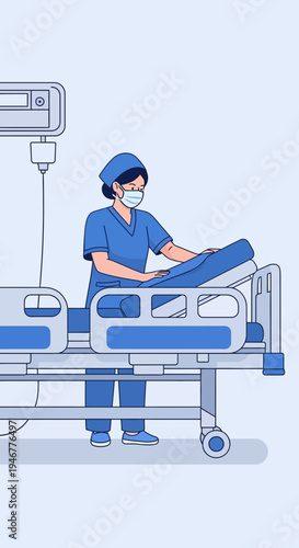 Medical Professional Adjusting Hospital Bed In Sterile Environment For Patient Care