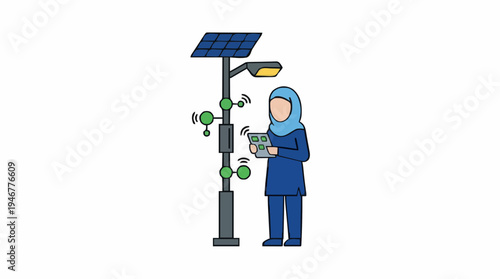 Woman In Hijab Controls Smart Streetlight With Solar Panel And Sensors Using Tablet Device Technology And Innovation