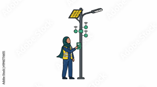 Woman in Hijab and Vest Interacting With a Solar Powered Smart Street Light Pole Featuring Multiple Sensors and a Control Panel