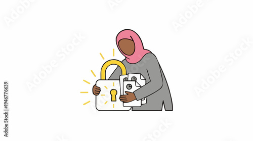 Woman in pink hijab and grey abaya holding documents near a glowing open padlock on a white background symbolizing data security and access concept