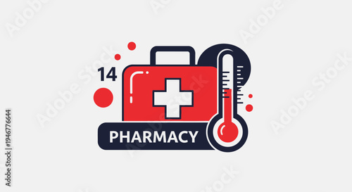 Medical Pharmacy Logo With Thermometer And First Aid Kit Concept Illustration Design