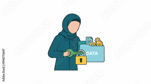 Muslim Woman in Teal Hijab Holds Key to Unlock Data Folder with Documents and Files Secure Information Concept