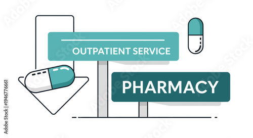 Medical Pharmacy Illustration Depicting Outpatient Services and Essential Healthcare Supplies