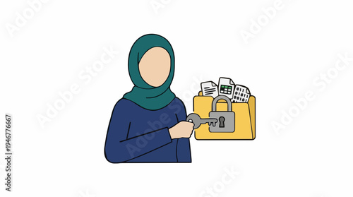Person in Hijab Holding Key Next to Locked File Box Secured with Padlock Represents Data Security and Confidentiality