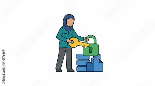 Person In Hijab Holds Large Key To Open Green Padlock On Stack Of Blue Data Servers With Documents