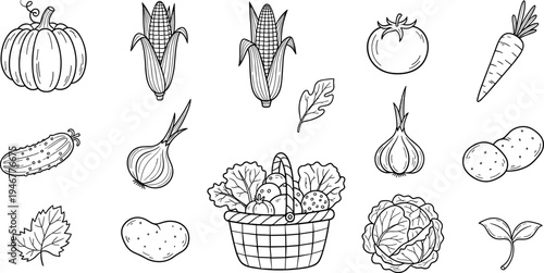 Collection of hand-drawn vegetables and a basket of produce, perfect for healthy eating themes