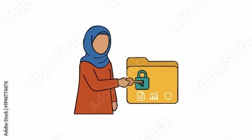 Woman in blue hijab and orange top uses key to unlock yellow folder with padlock icon and security symbols on white background