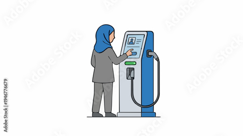 Muslim Woman in Hijab and Business Suit Interacting with a Modern Electric Vehicle Charging Station Interface for Sustainable Transportation