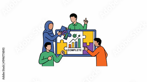 Diverse Team Collaborates on Business Strategy Jigsaw Puzzle with Charts and Graphs on White Background