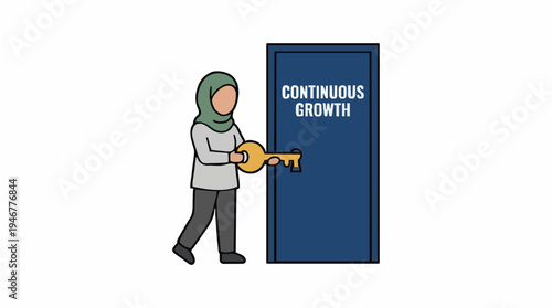Woman in Hijab Holding a Key Approaching a Blue Door with Continuous Growth Text Symbolizing Opportunity and Progress