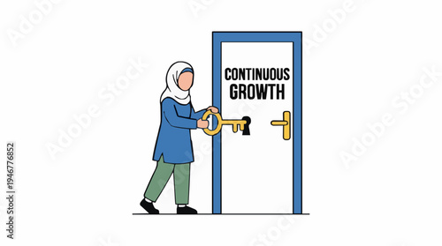 Woman in Blue Outfit and Hijab Holds Golden Key to Unlock Door with Continuous Growth Text Isolated on White Background