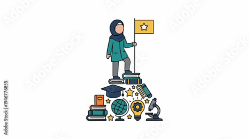 Muslim Woman Scholar Holds Flag Atop Stack of Books Symbolizing Achievement in Education and Learning