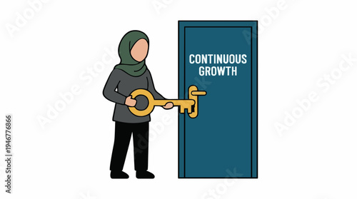 Woman in hijab holding large golden key approaching teal door with continuous growth text isolated on white background digital art illustration