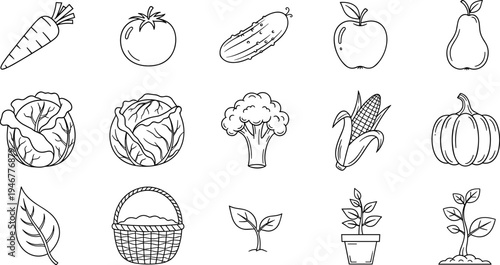 Collection of hand-drawn line art icons representing various fresh fruits and vegetables