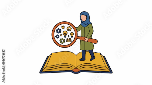 Person in Hijab Inspecting Magnified Icons on Open Book Symbolizing Research and Discovery