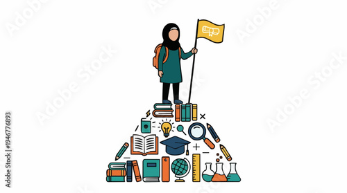 Woman in Hijab Standing on a Mountain of Books Holding a Flag Symbolizing Education and Achievement
