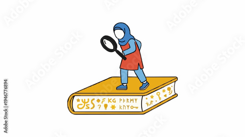 Person Wearing Headscarf Holding Magnifying Glass Over Open Book With Ancient Symbols and Text
