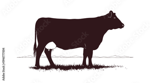 Black and white hand-drawn cow standing in grass, illustrated in a simple sketch style.
