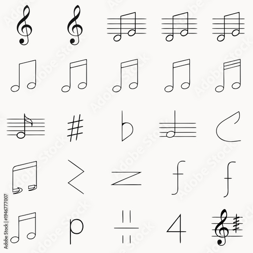 Music notation symbols in simple black line art style  