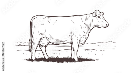Hand-sketched cow standing in a field, depicted from the side with black ink lines.