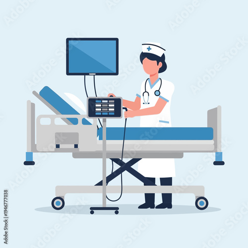 Medical Professional Attending a Patient's Bedside with Advanced Monitoring Equipment Display