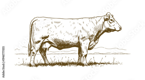 Hand-drawn cow figure on a pasture, illustrated in side perspective with a sketchy line style.